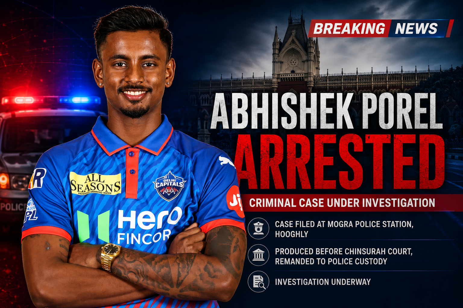Abhishek Porel in Delhi Capitals jersey featured in a breaking-news graphic about his arrest in an ongoing criminal case in West Bengal.