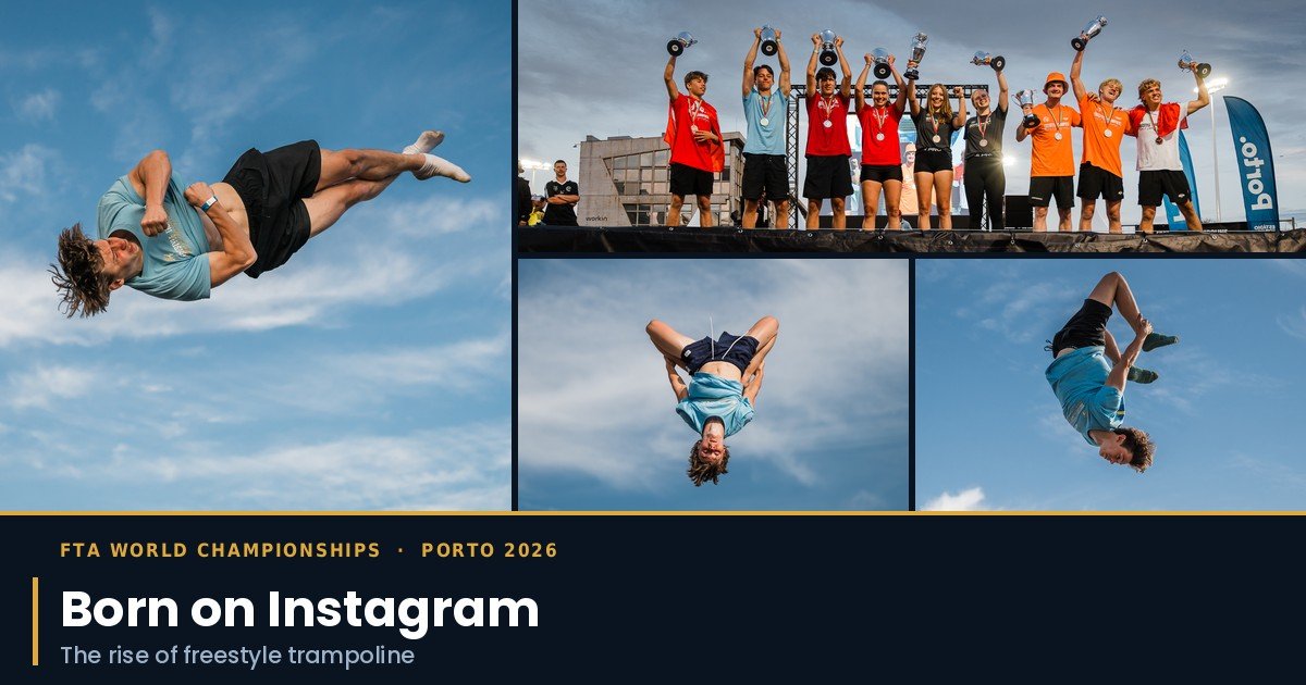 Three freestyle trampoline athletes mid-flip against blue sky, and the Porto 2026 World Championships podium with trophies raised.