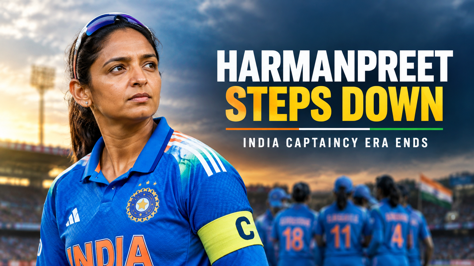 Harmanpreet Kaur in India jersey wearing the captain's armband as she steps down as India women's cricket team captain across all formats.