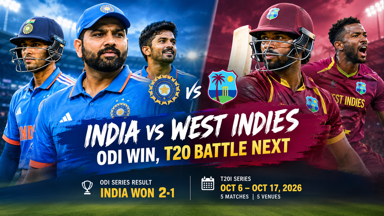 India vs West Indies cricket graphic showing India’s 2-1 ODI series victory and the upcoming five-match T20I series from October 6 to 17, 2026, featuring Indian and West Indies players.