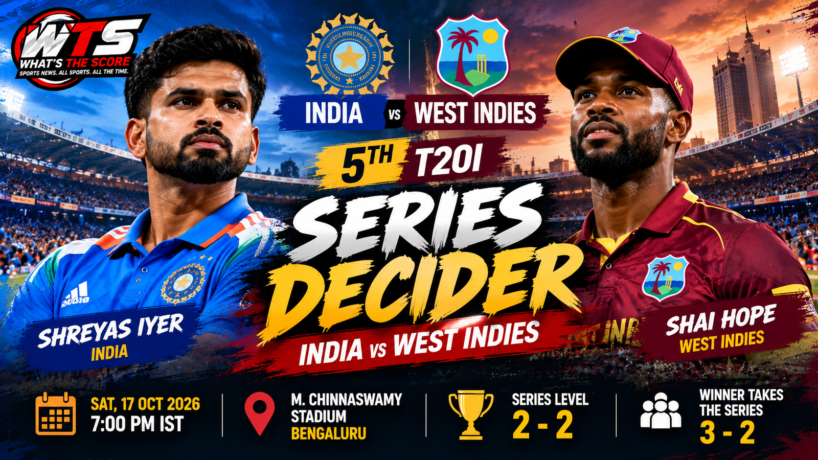 India captain Shreyas Iyer and West Indies captain Shai Hope feature in a promotional graphic for the fifth T20I series decider at M. Chinnaswamy Stadium, Bengaluru, on October 17, 2026.