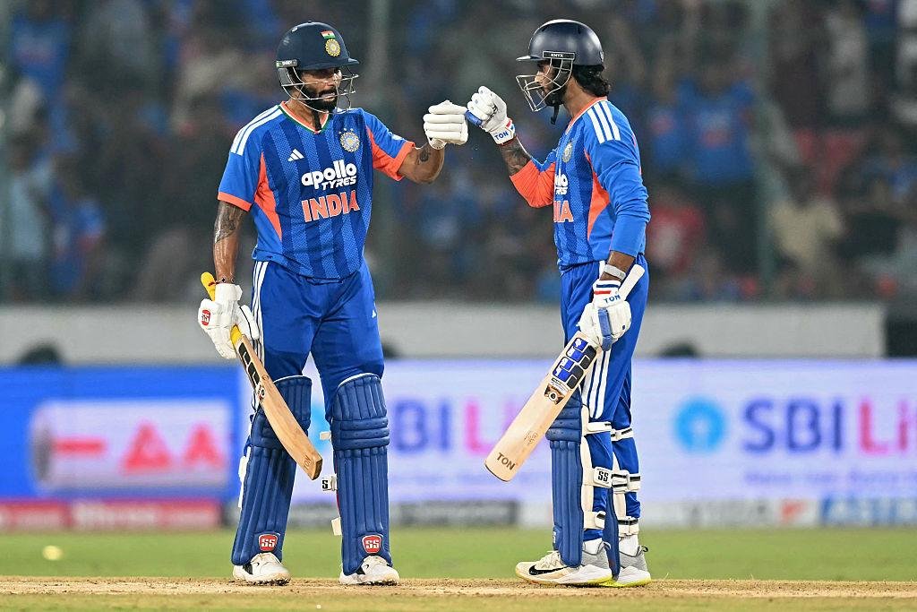 Tilak Varma and Nitish Kumar Reddy celebrate India's four-wicket victory over New Zealand in the second T20I at Christchurch.